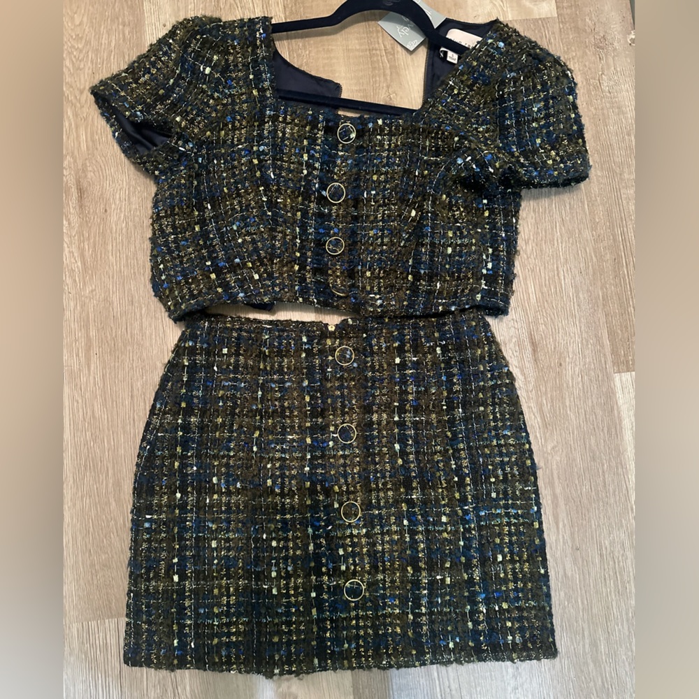 Tweed set shirt and skirt matching blue and green